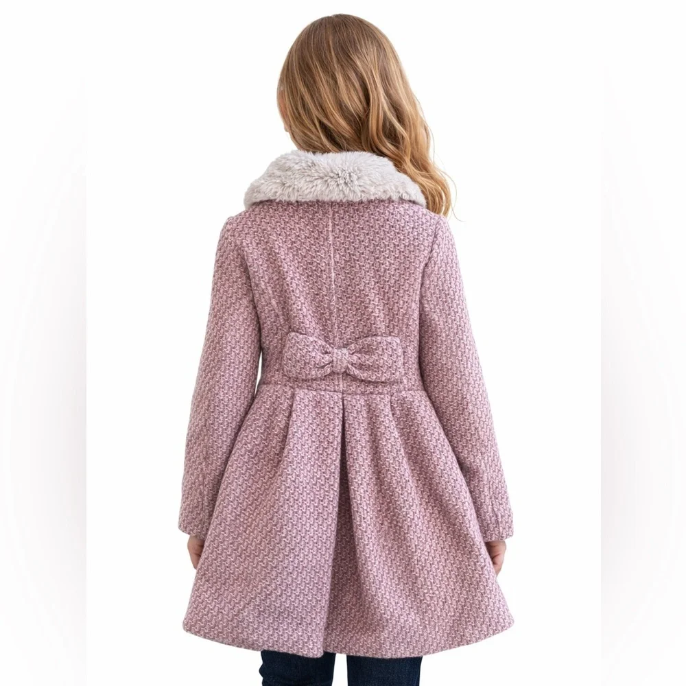 Jessica Simpson Girls Pink Tweed Coat w/ Faux Fur Collar Size M (5/6) (1219)